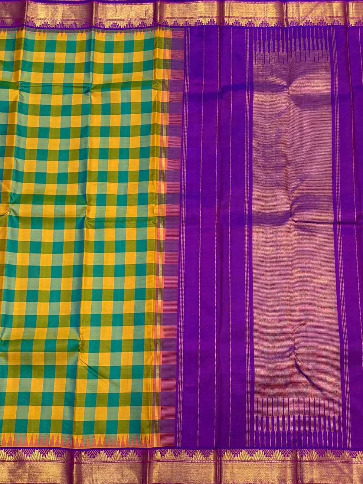Teal Mustard Big Kattam Korvai Contrast Kanchipuram Silk Saree